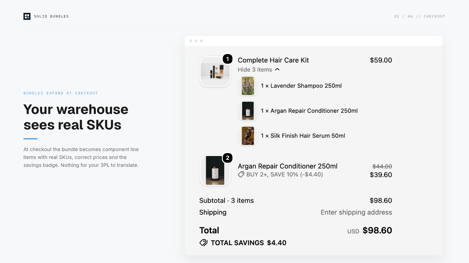 Checkout with a bundle expanded into component line items with real SKUs