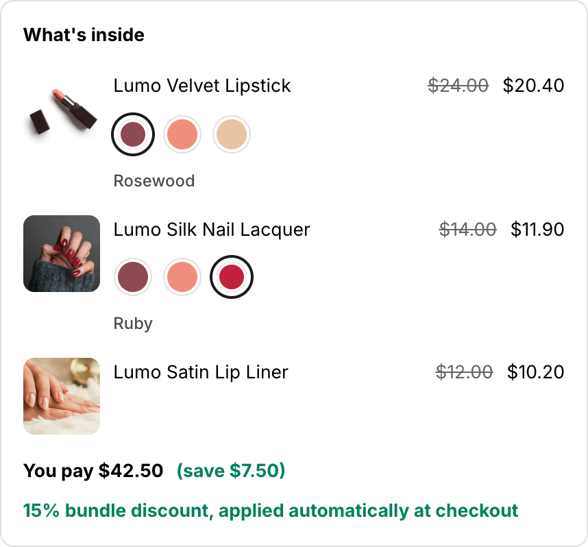 Bundle contents widget: each component with its product photo, shade swatches and per-item pricing, with the bundle total and savings