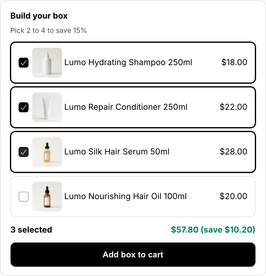 Build-a-box widget: shoppers tick products from a pool, with a live total and savings shown in their currency