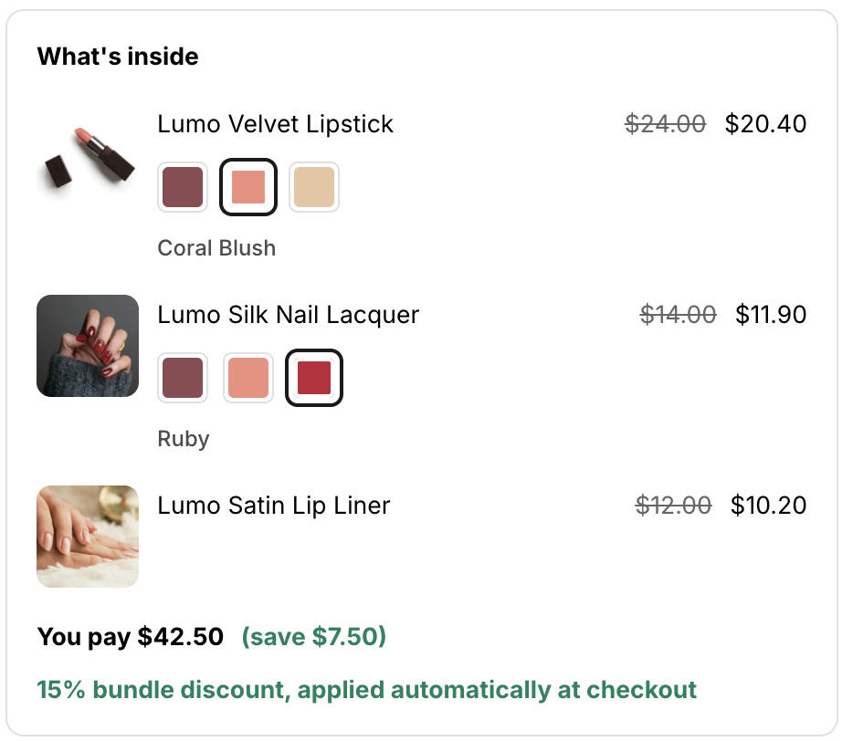 Product page: the Lumo Color Ritual Set with Coral Blush and Ruby shades picked, per-item prices and the bundle saving