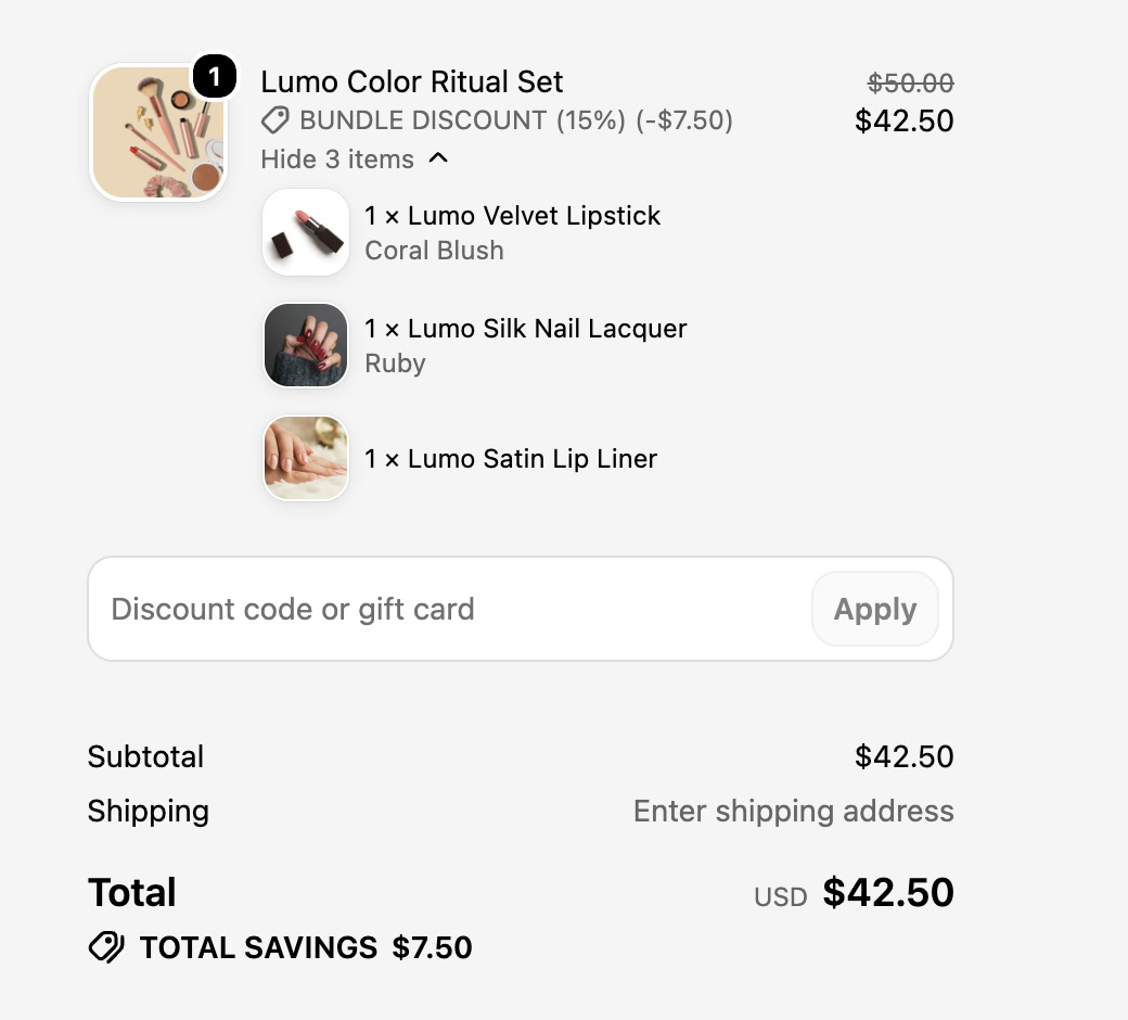 Checkout: the same set expanded into three component lines with the chosen shades and the 15% bundle discount
