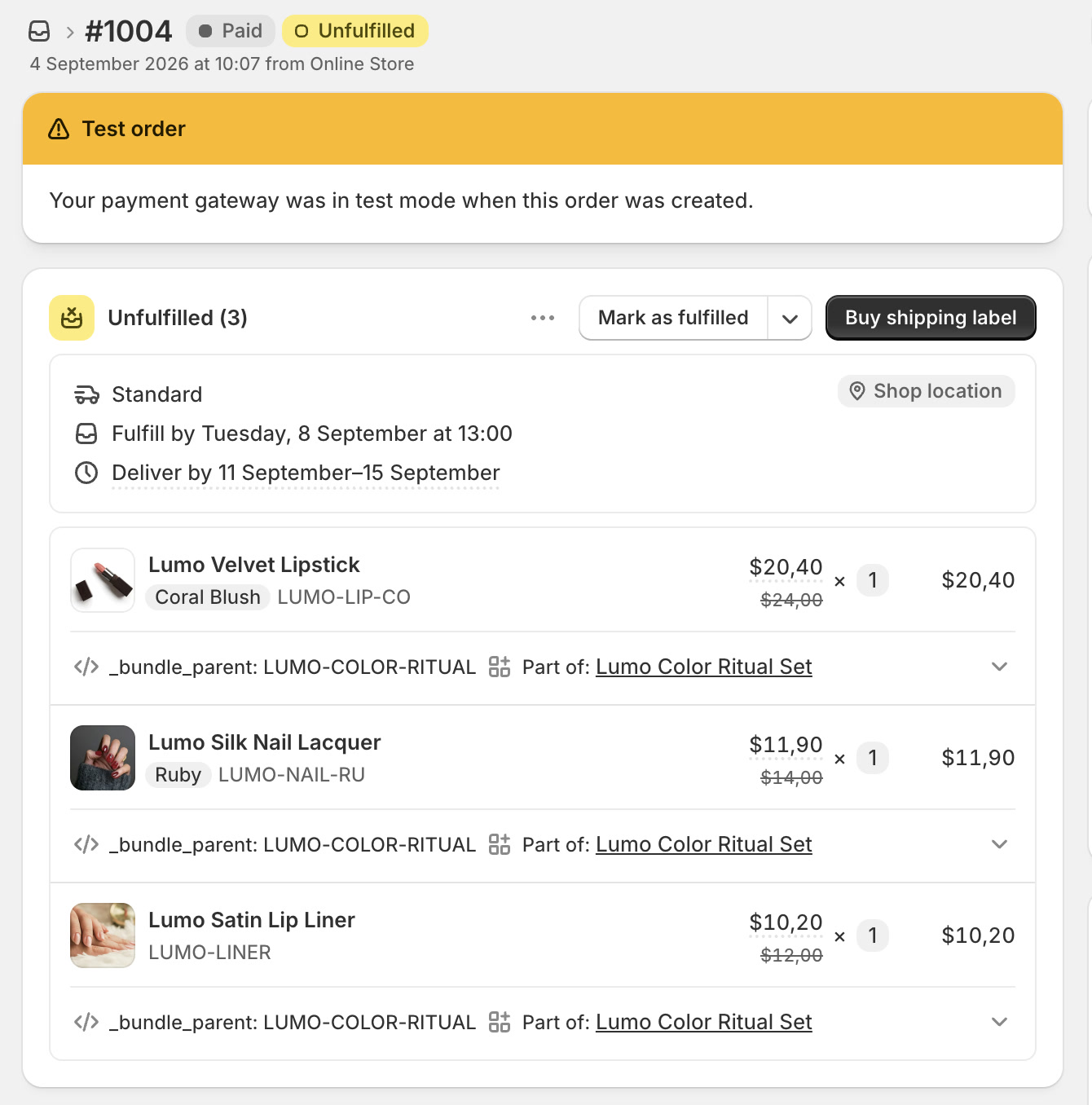 Shopify admin: the same order as three component lines with SKUs, the chosen shades and the bundle parent reference