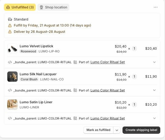 Shopify admin order #1003: the Lumo Color Ritual Set as three component lines with SKUs, chosen shades and the bundle parent reference