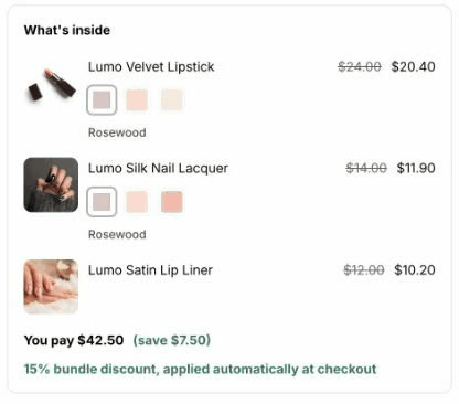 Lumo Color Ritual Set product page: What's inside list with shade swatches, per-item prices and the bundle saving